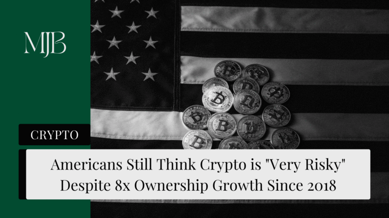 News headline about America's attitude to crypto, overlaid with crypto tokens on the American flag, published by MJB.