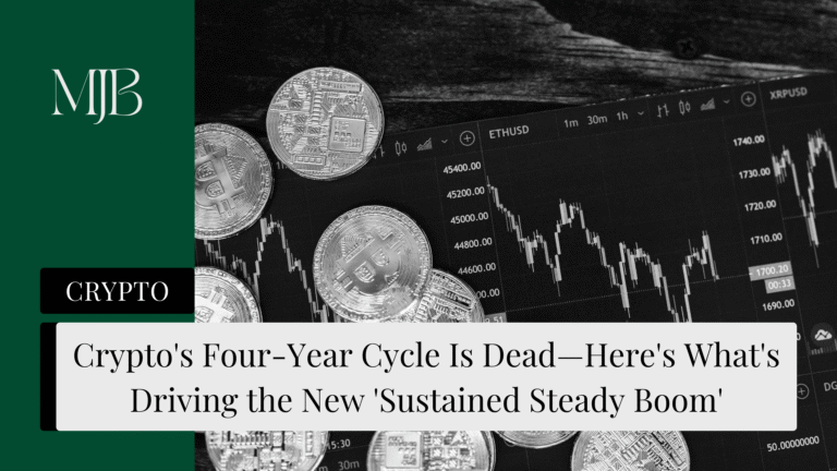 News headline about Crypto's 4 year cycle, overlaid with a European and British flag, published by MJB.