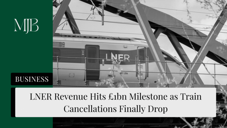 News headline about LNER's recent results, overlaid with an LNER train, published by MJB.