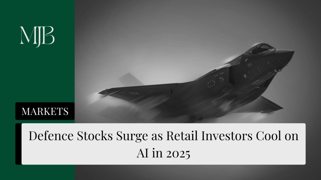 News headline about Defence stocks overtaking AI, overlaid with an F-35 fighter jet, published by MJB.