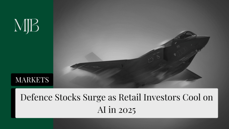 News headline about Defence stocks overtaking AI, overlaid with an F-35 fighter jet, published by MJB.