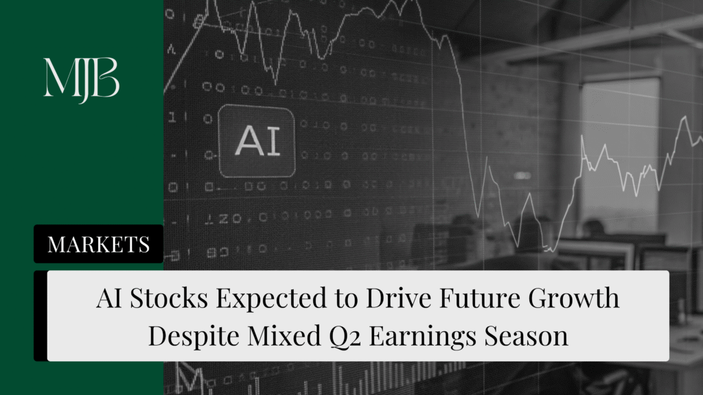 News headline about AI Stocks in Q2 overlaid stock charts, published by MJB.