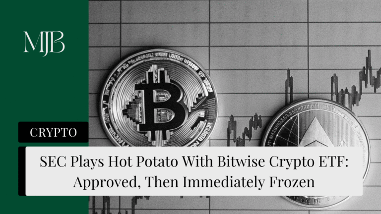News headline about Crypto ETF approval overlaid with crypto tokens, published by MJB.