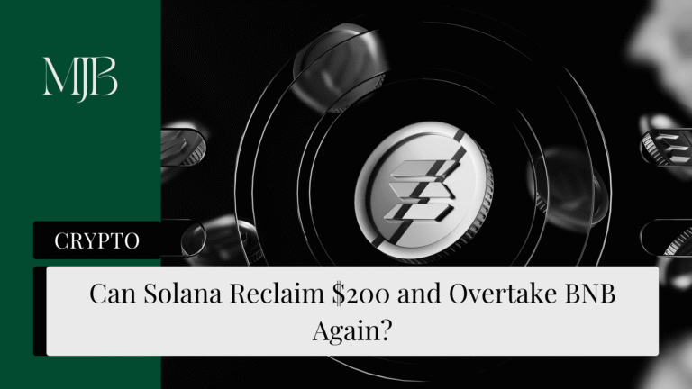 News headline about Solana's price action overlaid with crypto tokens of Solana, published by MJB.