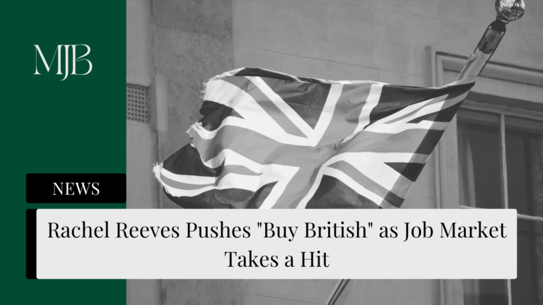 News headline about Rachel Reeves pushing British products overlaid with the Union flag, published by MJB.