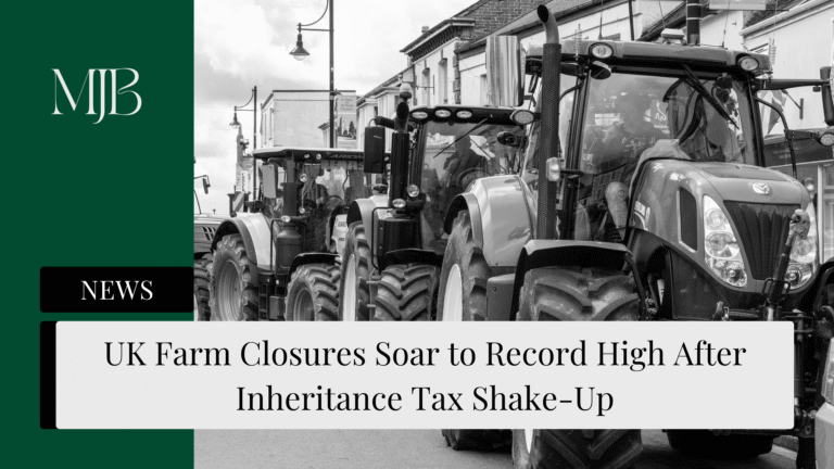 News headline about UK Farm closures overlaid with a picture of tractors, published by MJB.