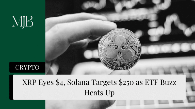 News headline about Solana's and XRP's price action overlaid with crypto tokens of Ripple XRP, published by MJB.