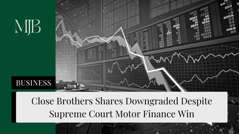 News headline about Close Brother stock price, overlaid with a picture of a crashing stock chart, published by MJB.
