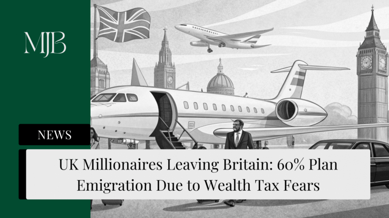 News headline about UK Millionaires leaving Britain, overlaid with a picture of British Millionaires, published by MJB.