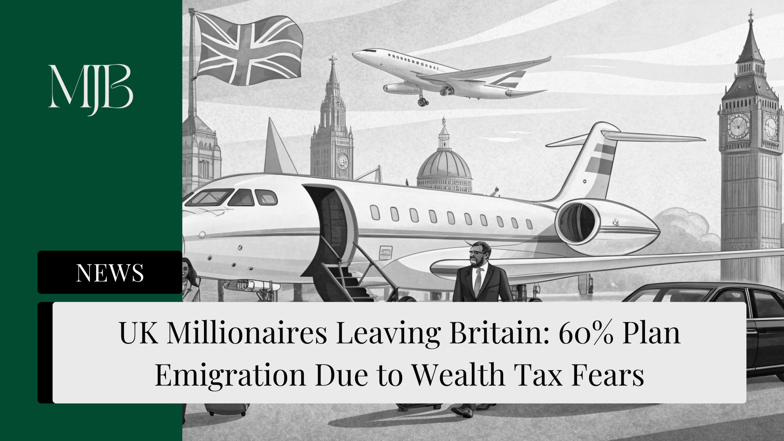 News headline about UK Millionaires leaving Britain, overlaid with a picture of British Millionaires, published by MJB.