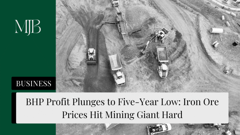 News headline about BHP Profits, overlaid with a picture of heavy machinery mining, published by MJB.