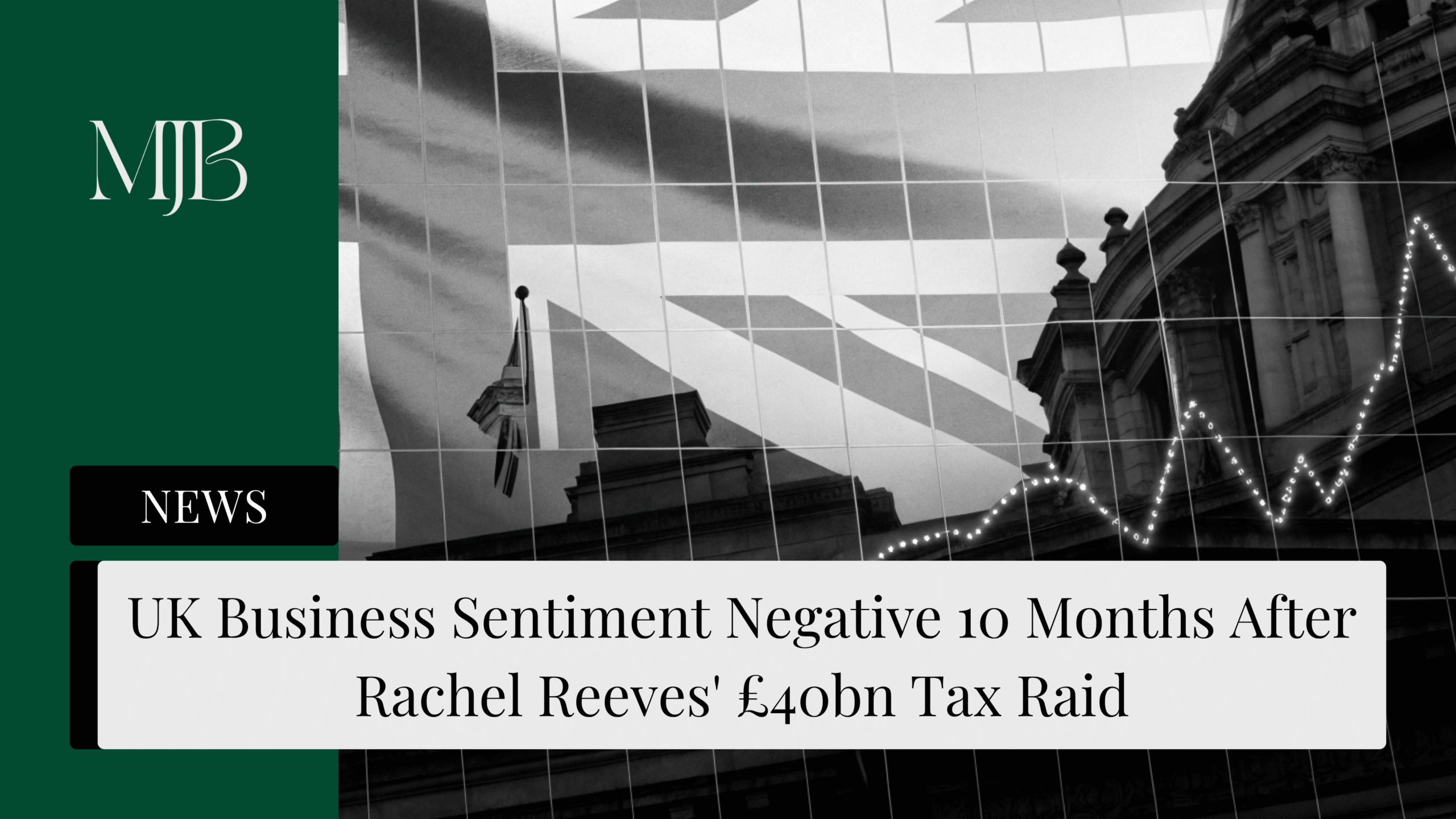 News headline about Business Decline in the UK, overlaid with a Union Flag, published by MJB.