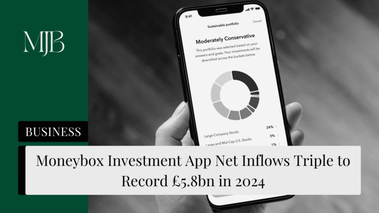 News headline about Moneybox Investment App, overlaid with a picture of a phone app, published by MJB.