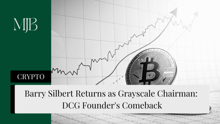 News headline about Barry Silbert at Greyscale, overlaid with a picture of a Bitcoin token on a stock chart, published by MJB.