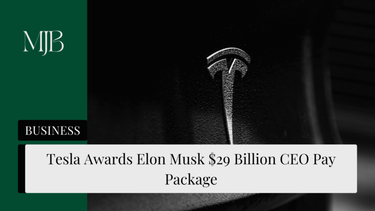 News headline about Elon Musk's Tesla pay package, overlaid with a picture of a Tesla, published by MJB.