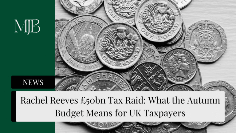 News headline about UK Taxes, overlaid with a picture of UK Coins, published by MJB.