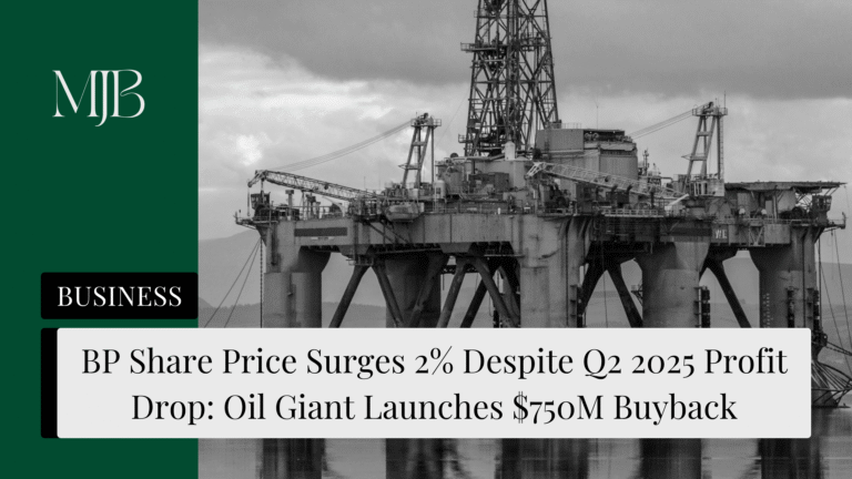 News headline about the BP Share price, overlaid with a picture of an oil rig, published by MJB.