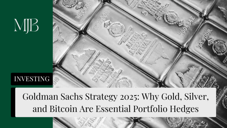 News headline about Goldman Sachs investment strategy, overlaid with a picture of gold bars, published by MJB.