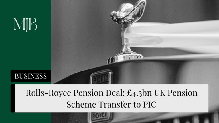 News headline about Rolls-Royce Pensions, overlaid with a picture of a Rolls-Royce car, published by MJB.