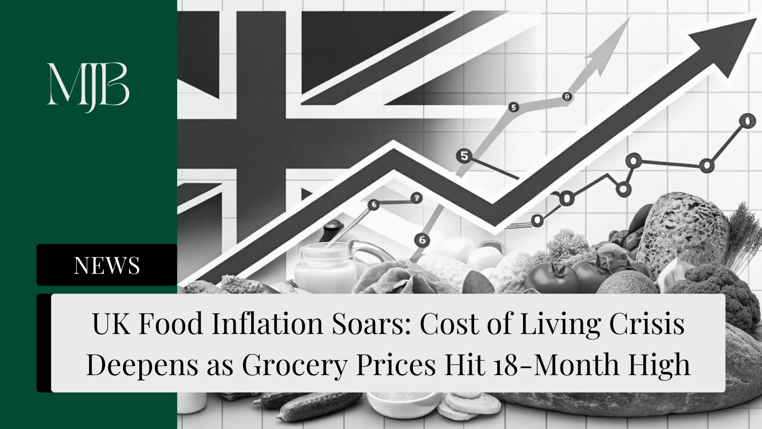 News headline about UK Food Inflation, overlaid with a picture of a British Flag and food, published by MJB