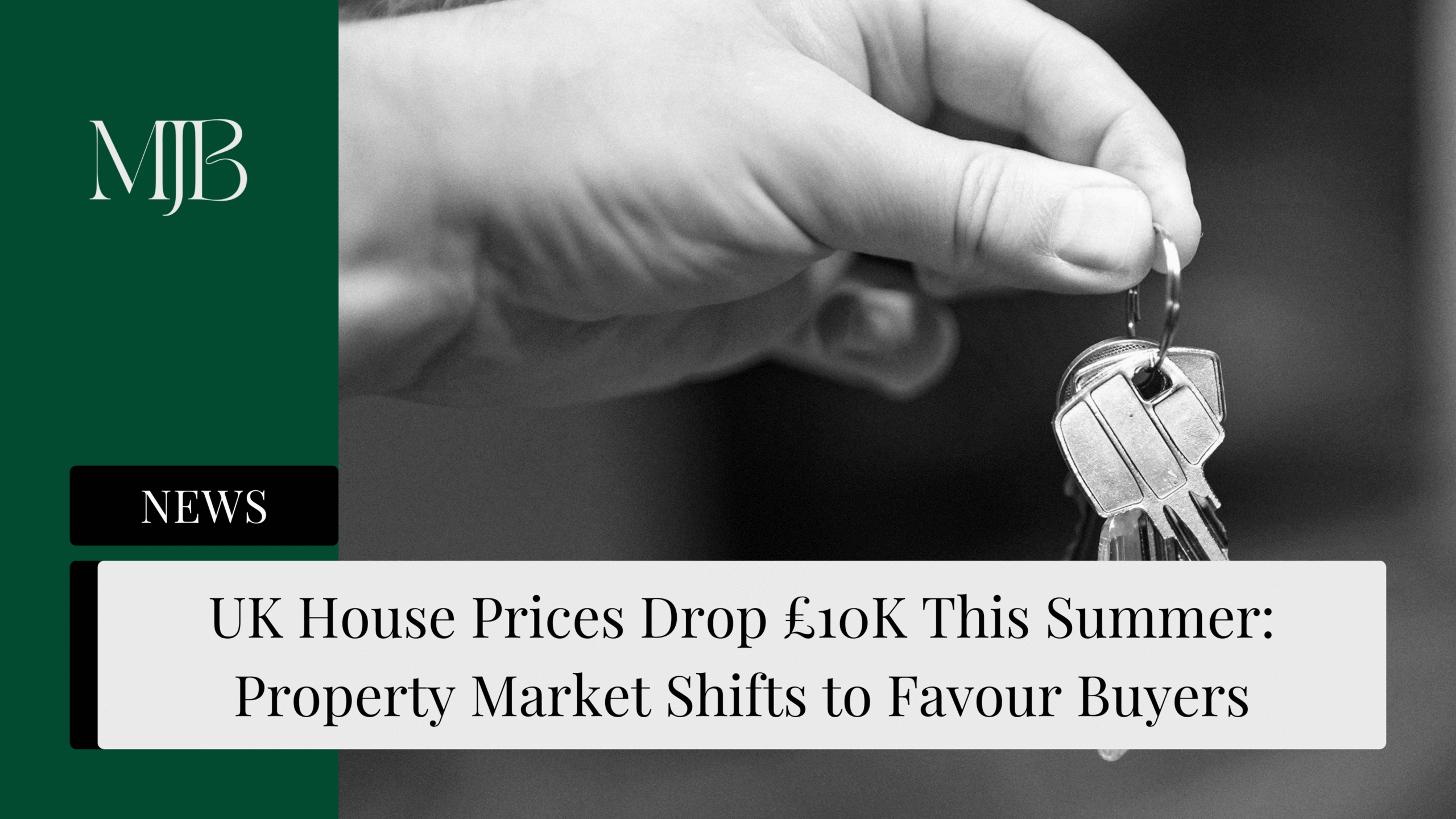 News headline about UK House Prices, overlaid with a picture of a set of house keys, published by MJB.