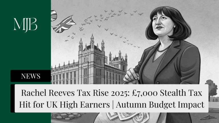 News headline about Rachel Reeves Tax rises, overlaid with a picture of a Rachel Reeves, published by MJB.
