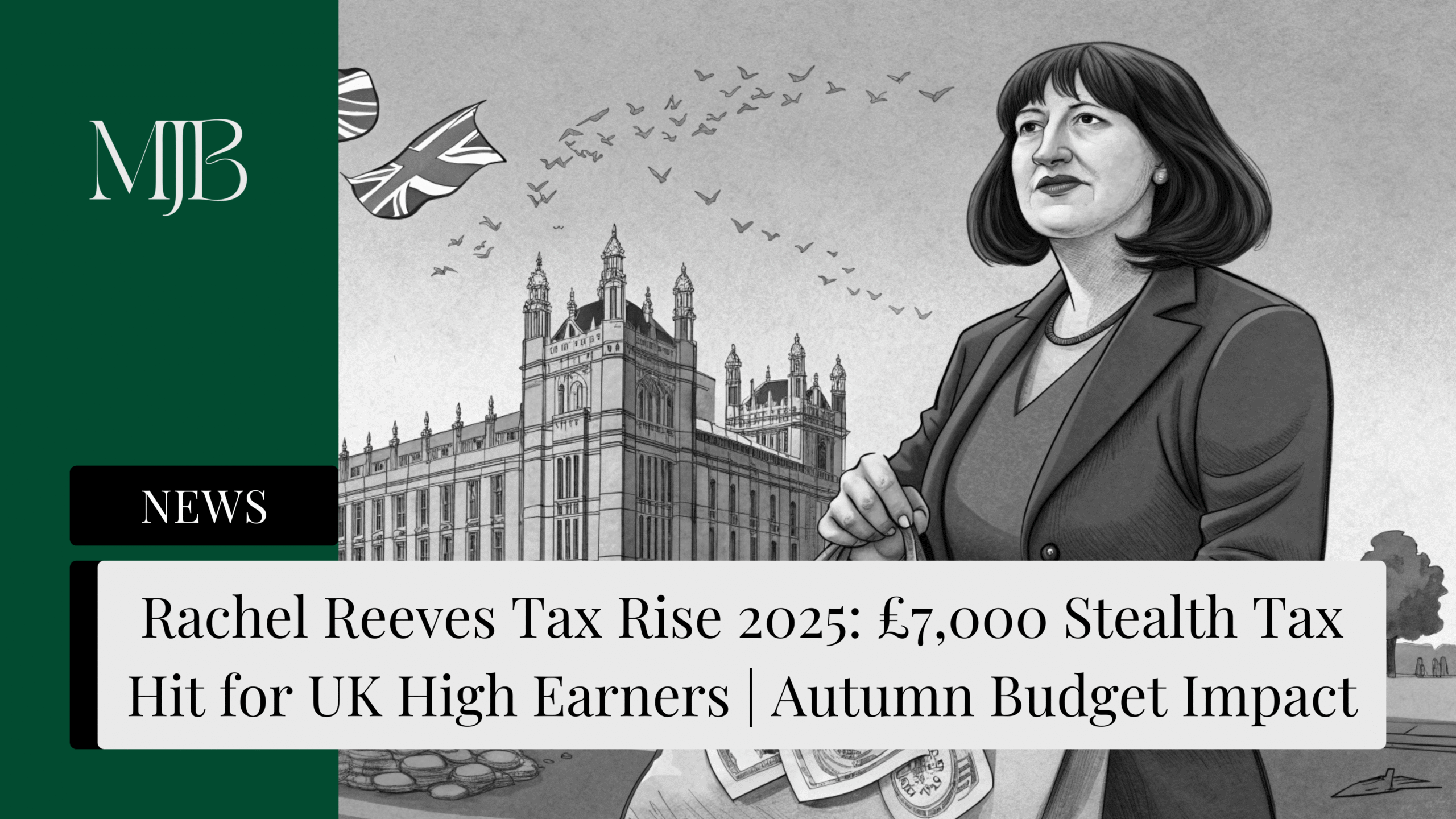 News headline about Rachel Reeves Tax rises, overlaid with a picture of a Rachel Reeves, published by MJB.