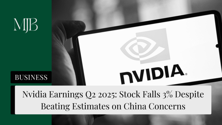 News headline about Nvidia stock price, overlaid with a picture of the Nvidia logo, published by MJB.