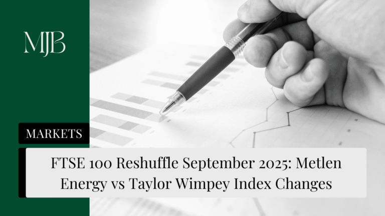 News headline about the FTSE 100, overlaid with a picture of a stock chart, published by MJB.