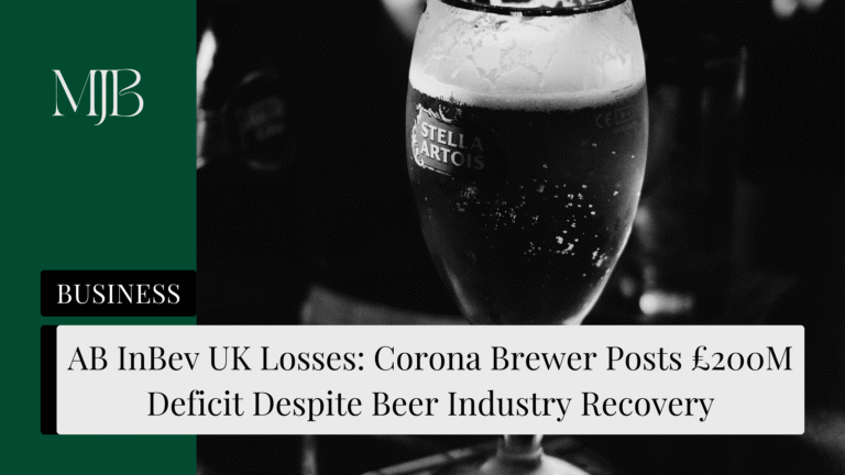 News headline about AB InBev UK losses, overlaid with a picture of a Pint of Stella Artois, published by MJB.