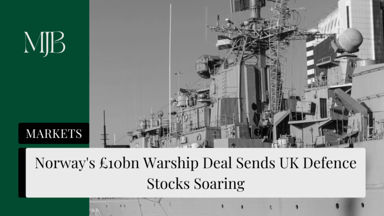 News headline about UK Defensive Stocks, overlaid with a picture of a Warship, published by MJB.