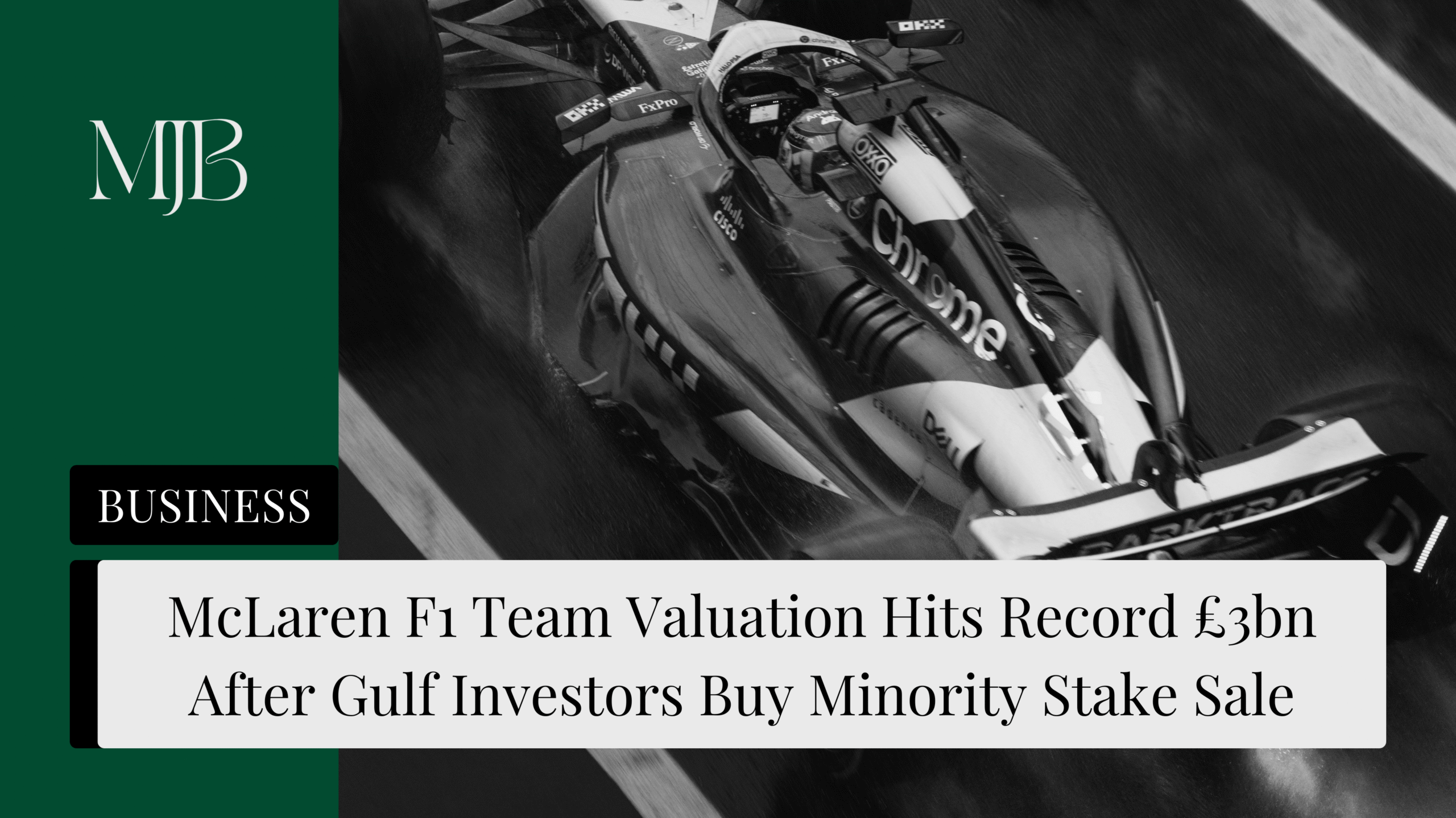 News headline about McLaren F1 Team, overlaid with a picture of a McLaren F1 car, published by MJB.