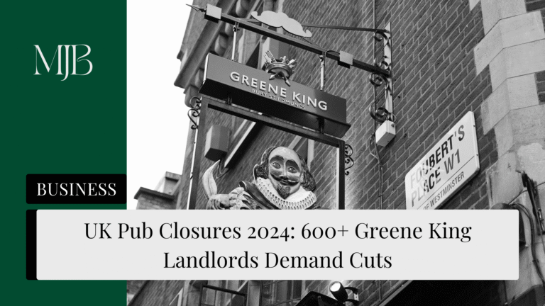 News headline about UK Pub closures, overlaid with a picture of a Greene King pub, published by MJB.