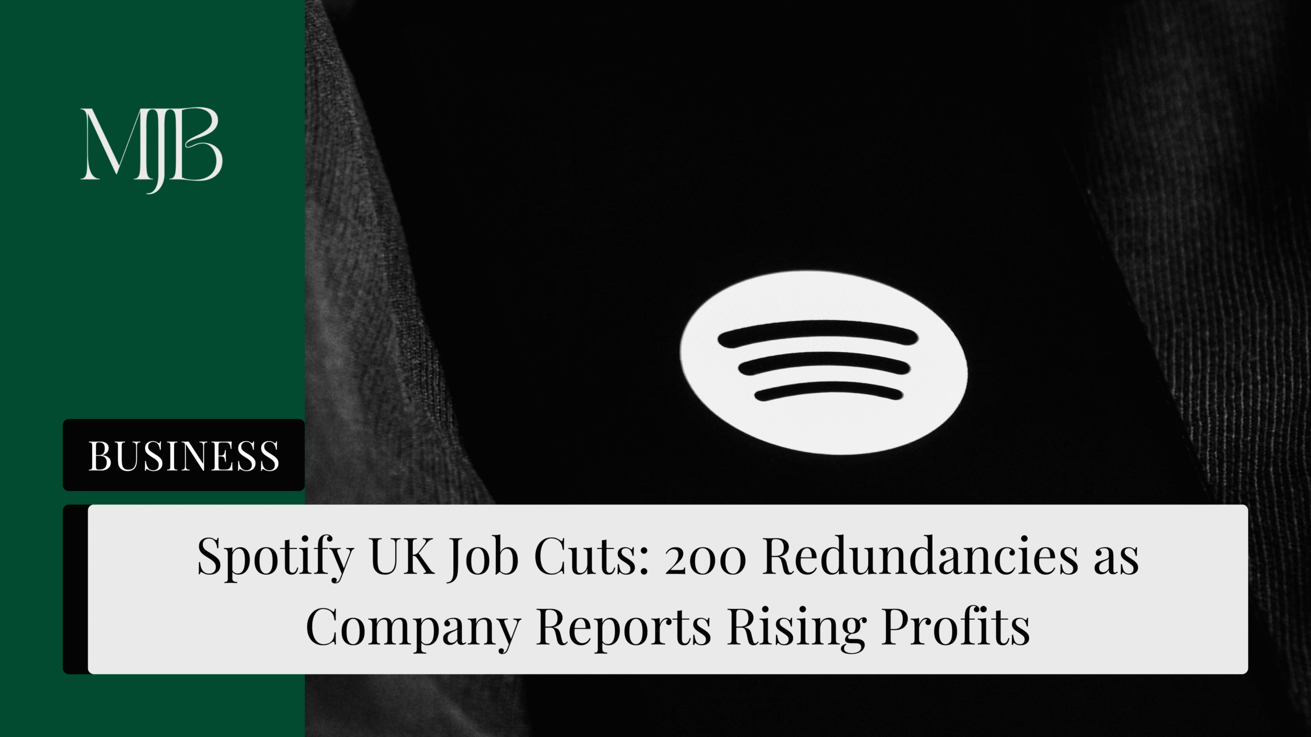 News headline about Spotify, overlaid with a picture of the Spotify App, published by MJB.