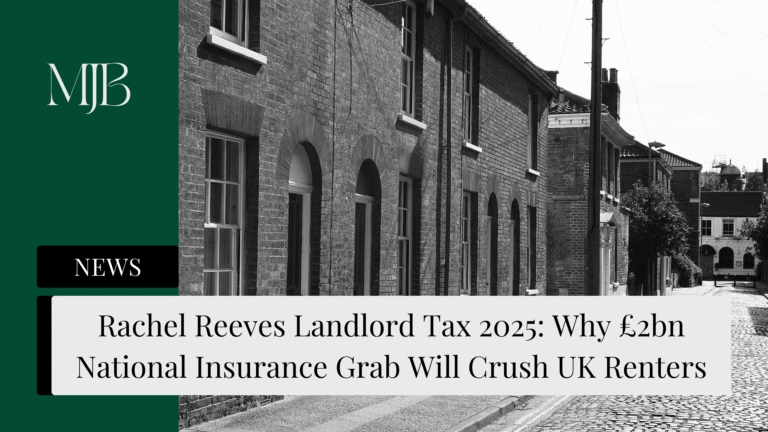 News headline about UK Landlord taxes, overlaid with a picture of a British Rental Housing, published by MJB.