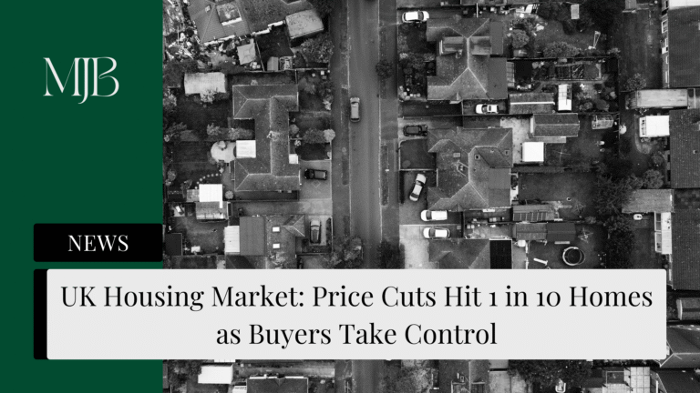 News headline about UK Housing Market, overlaid with a picture of a British Homes, published by MJB.