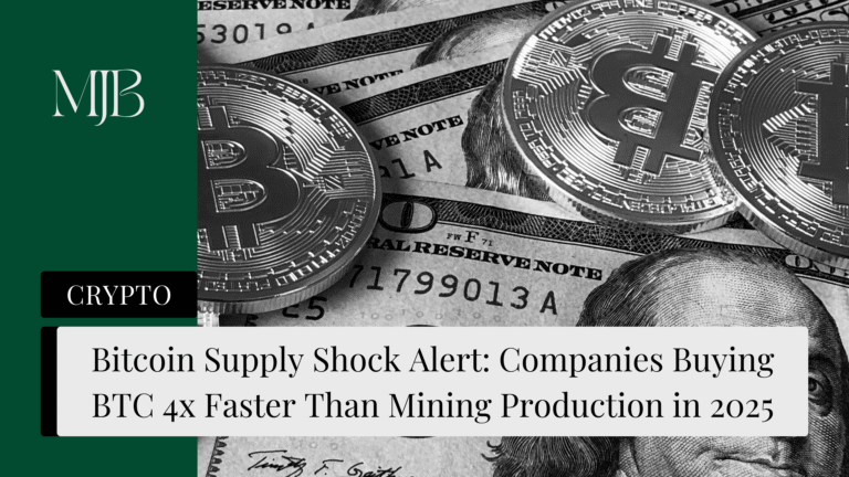 News headline about Bitcoin supply, overlaid with a picture of a Bitcoin tokens and dollars, published by MJB.