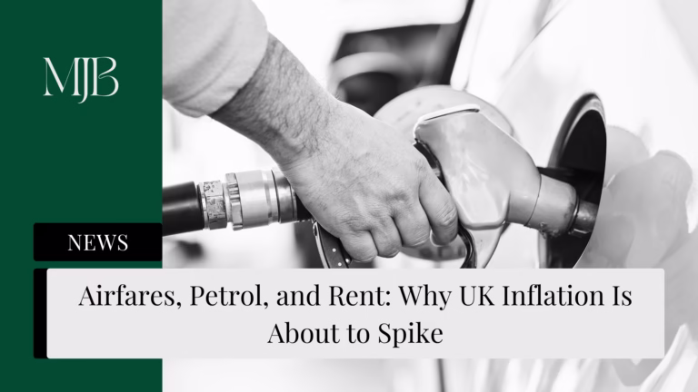 News headline about UK Inflation, overlaid with a picture of a Petrol Pump, published by MJB.