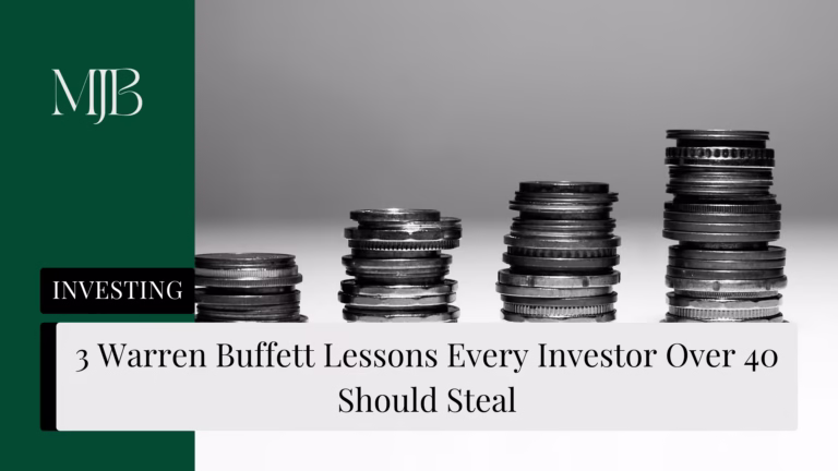 News headline about Warren Buffet Investing Advice, overlaid with a picture of coins growing, published by MJB.