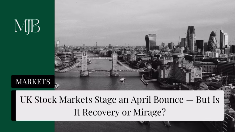 News headline about the UK Stock Markets, overlaid with a picture of the City of London, published by MJB.