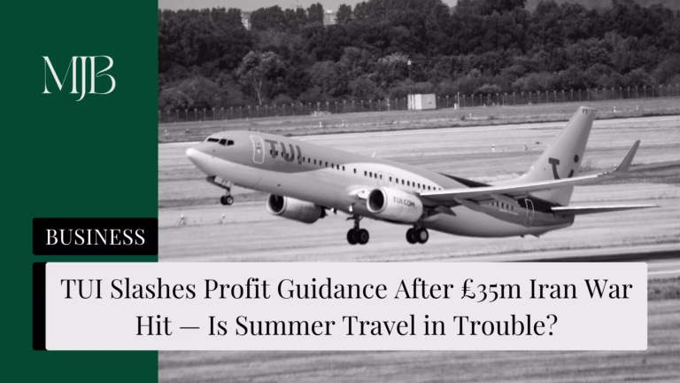 News headline about TUI Profits, overlaid with a picture of a TUI Plane, published by MJB.