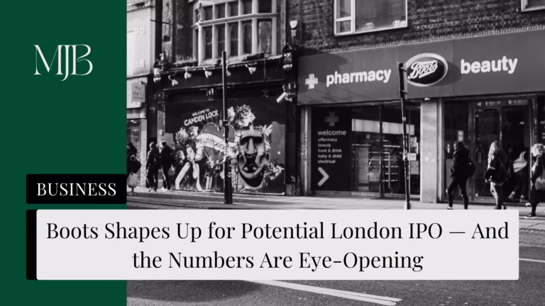 News headline about a potential Boots IPO, overlaid with a picture of a Boots High Street Store, published by MJB.