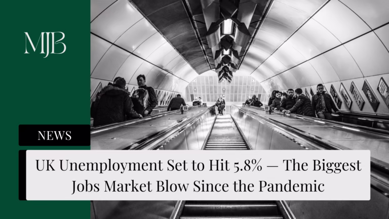 News headline about the rate of UK Unemployment, overlaid with a picture of London commuters, published by MJB.