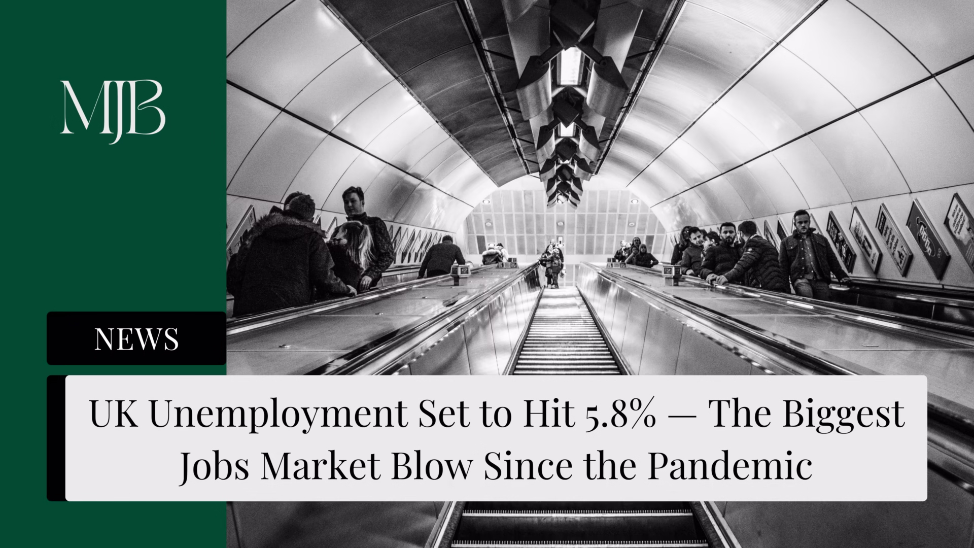 News headline about the rate of UK Unemployment, overlaid with a picture of London commuters, published by MJB.
