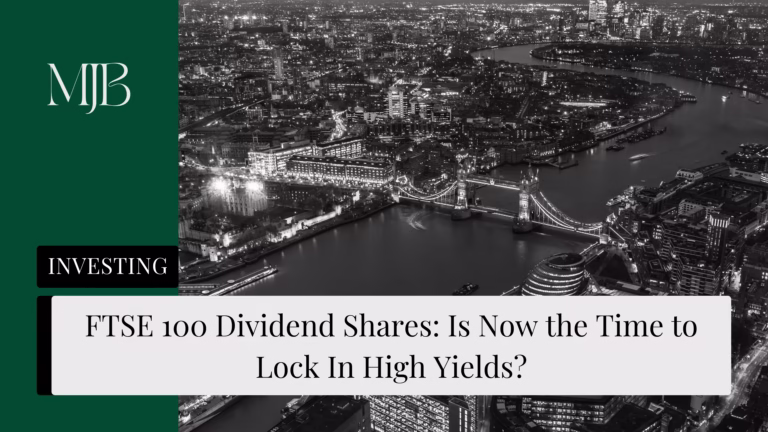 News headline about the FTSE 100 stocks and dividends, overlaid with a picture of London City, published by MJB.