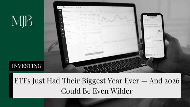 News headline about the rise of ETFs, overlaid with a picture of an Investor, published by MJB.