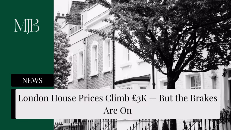 News headline about London House Prices, overlaid with a picture of London Housing, published by MJB.