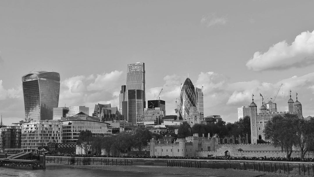 The skyline of The City of London, London's financial district, illustrating CMC Markets Everton sponsor
