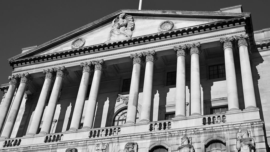 Part of facade of the Bank of England on Threadneedle Street. "Largely rebuilt by Sir Herbert Baker in 1921 to 37. Listed