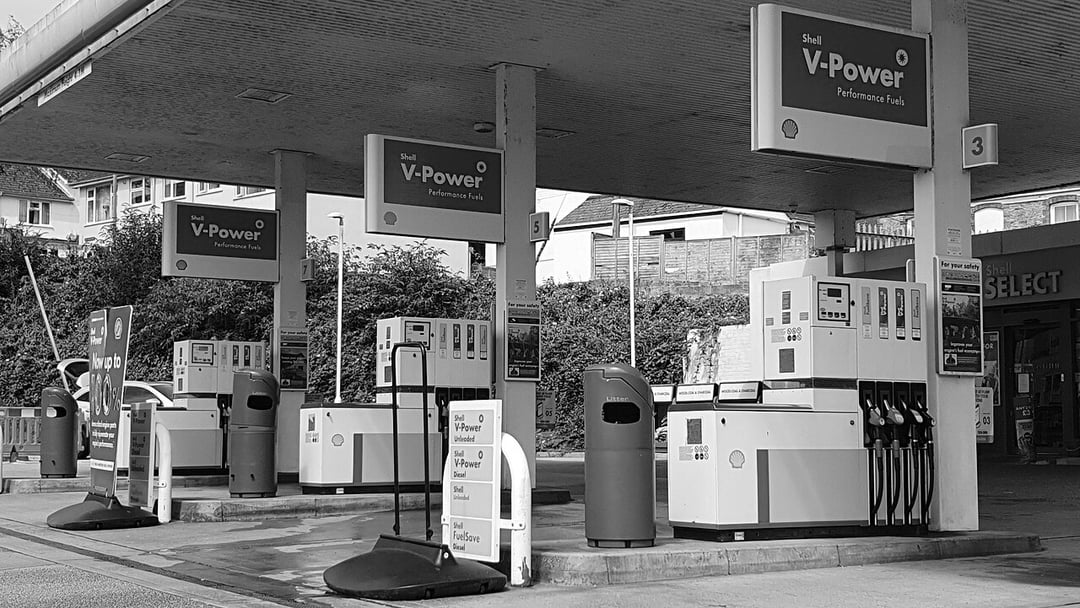 Fuel pumps, Shell petrol station, Trafalgar Roundabout, Truro, Cornwall - August 2023 — context for UK borrowing costs